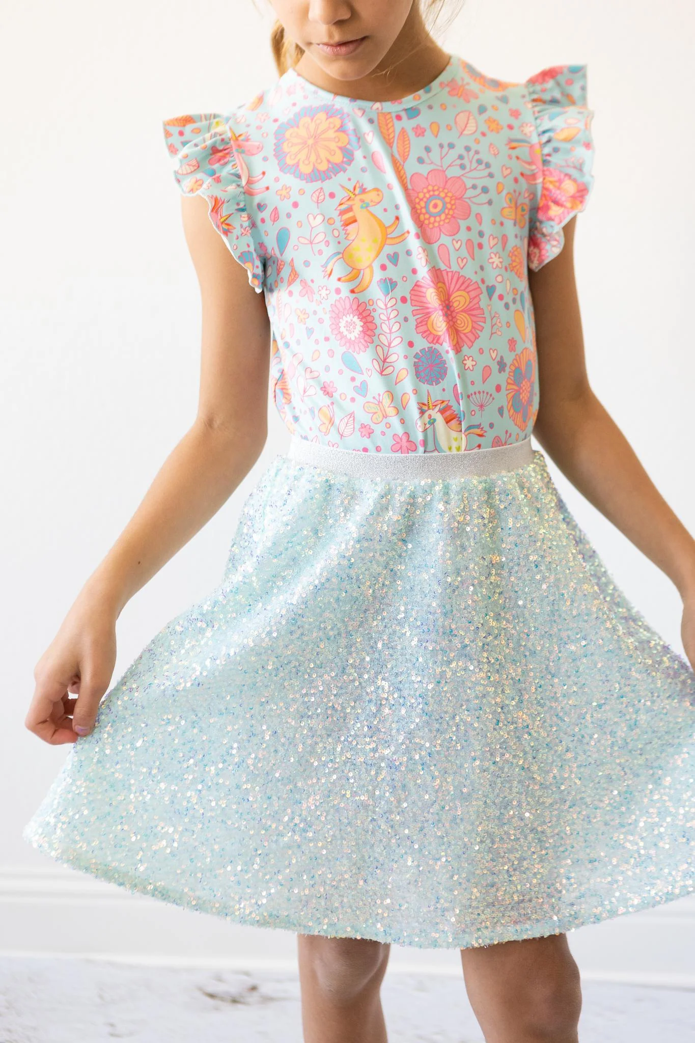 Blue Retro Unicorns S/S Ruffle Tee - Image 7
