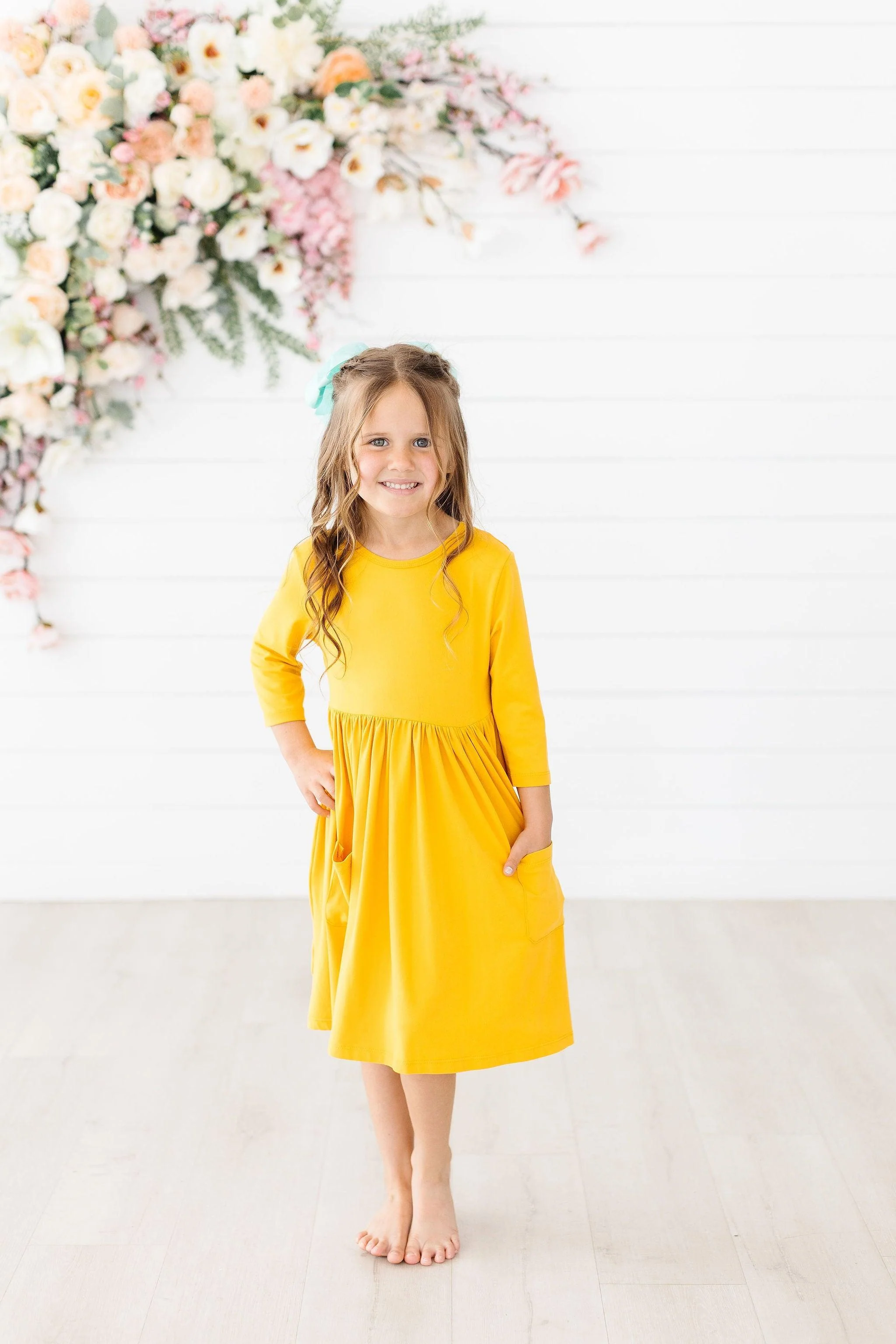 Mustard 3/4 Sleeve Pocket Twirl Dress - Image 3